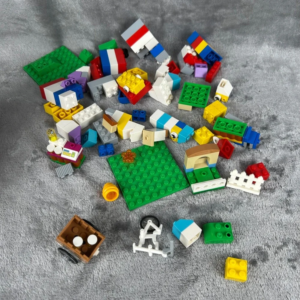 Vintage LEGO Lot Mixed Bricks Baseplates Bicycle Cart Picket Fence Pieces